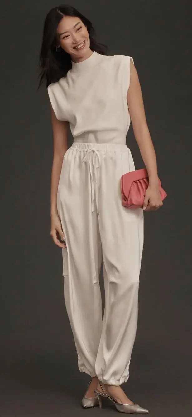 Maeve Anthropologie Pull On Silky Parachute Pants Womens Size Large White New